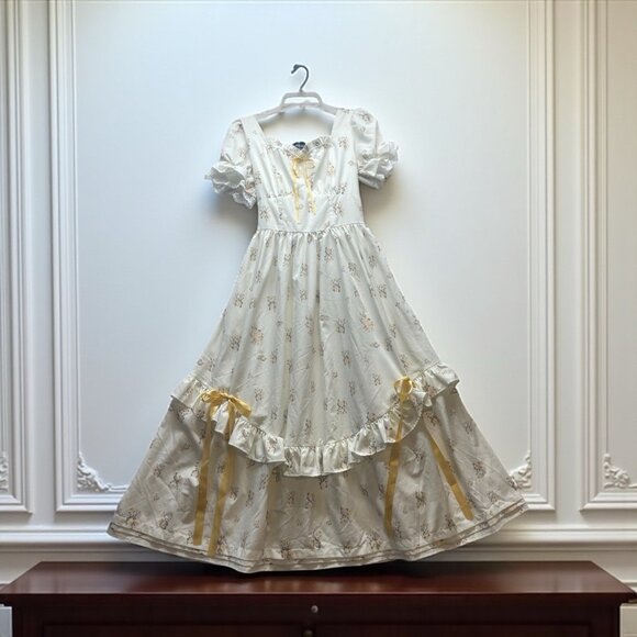 Scarlet Darkness Cream Floral Yellow Ribbon Dress Sz S Cottagecore Feminine Maxi - Picture 1 of 15